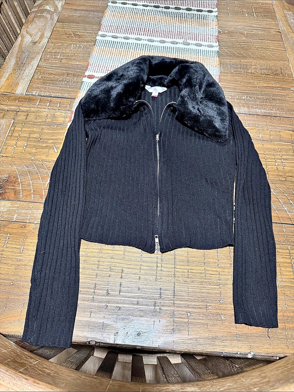 Very cute Small Black Zip Front light sweater with fur collar
